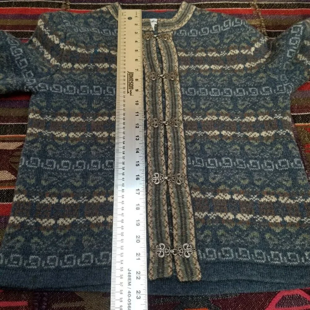 Telluride Clothing Womens XS Wool Fair Isle Cardigan Sweater Blue Chinese Button